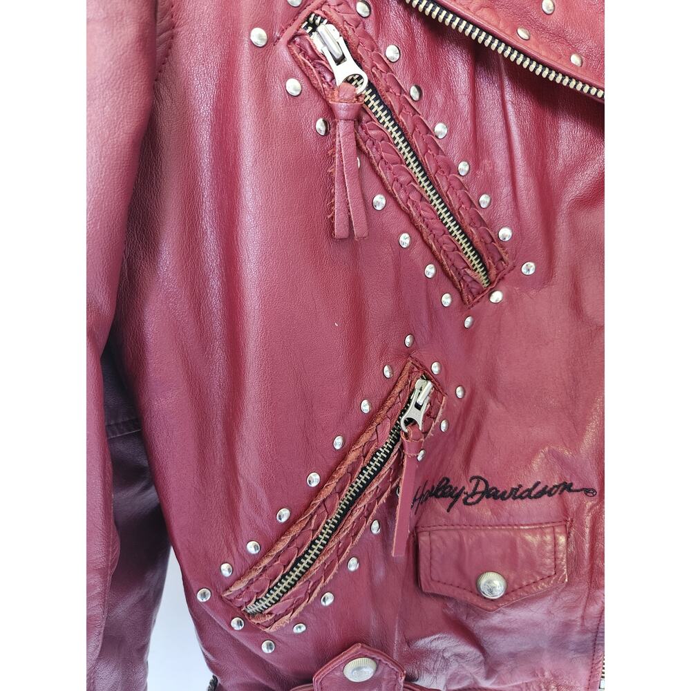 Harley Davidson Women's Red Leather Biker Jacket Size Small Studded Zippers - Picture 4 of 16